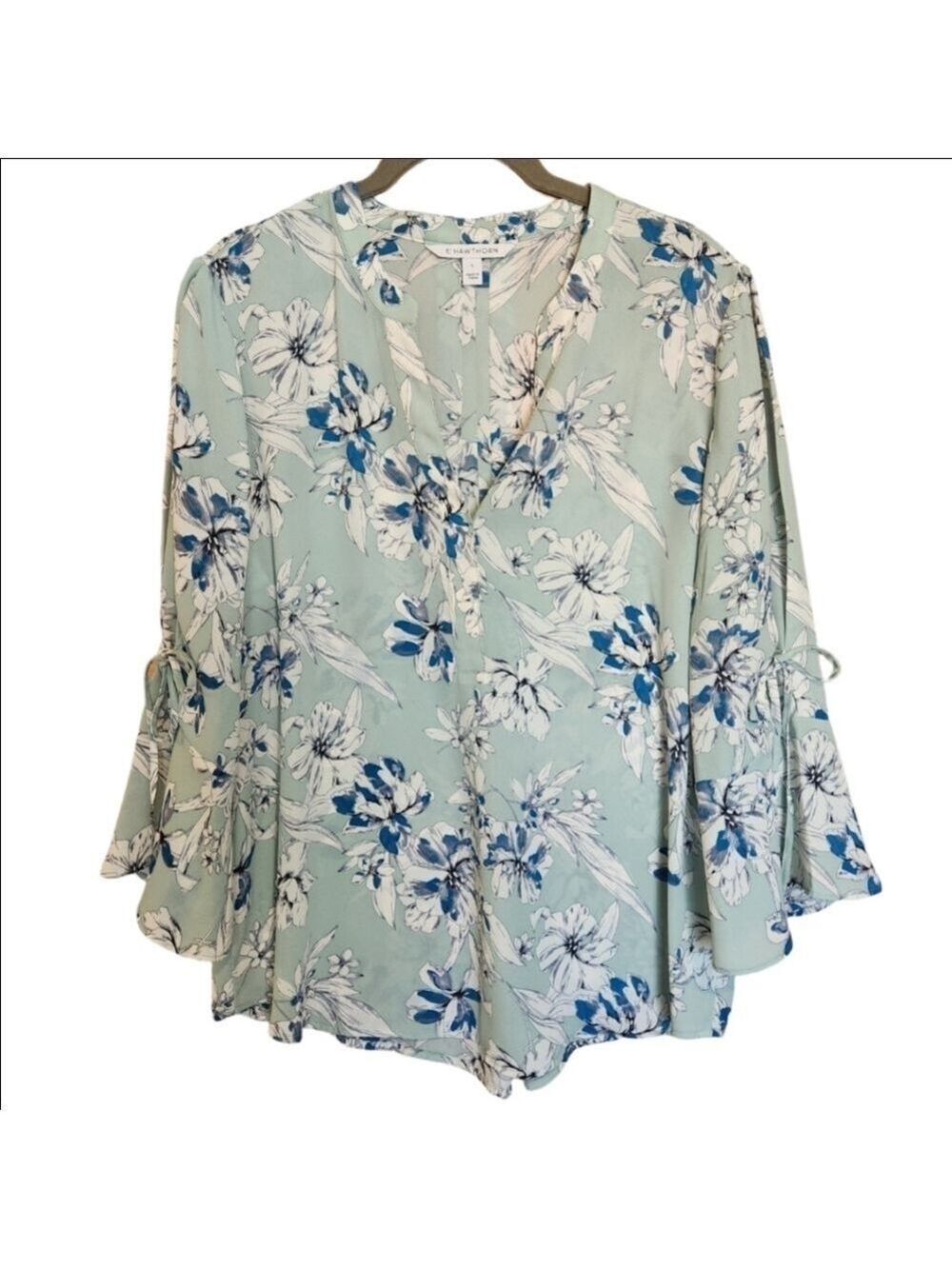 41 HAWTHORN FLORAL V NECK BLOUSE TOP RUFFLE SLEEVE TIE DETAIL LARGE NWOT
